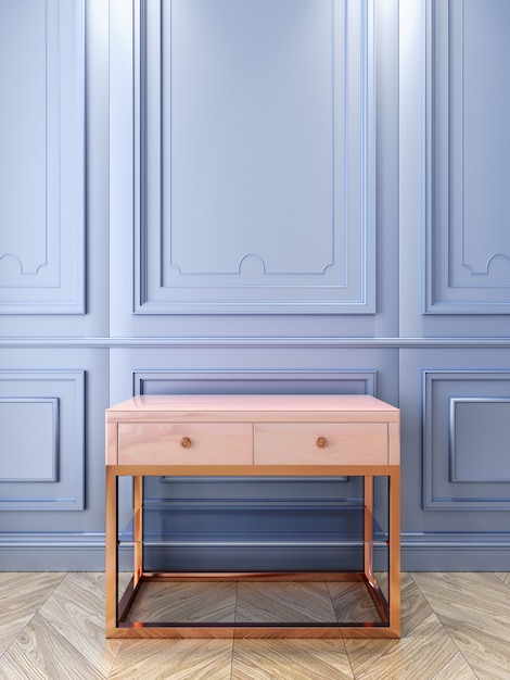 Rose quartz console and serenity classic interrior. 3d render illustration.