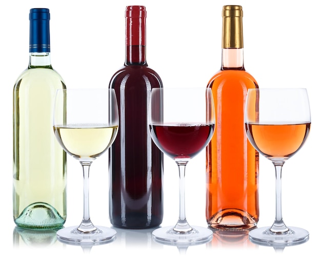 Rose red and white wine bottles wines glasses isolated