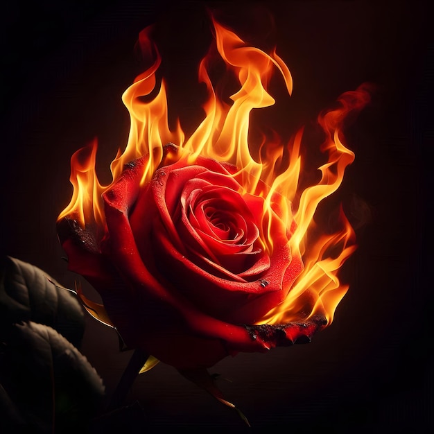 Photo a rose that is on fire with flames in the background