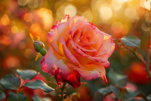 Photo a rose that is outside with the sun shining through the leaves