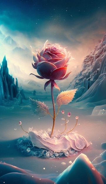 Rose that is sitting in the snow generative ai