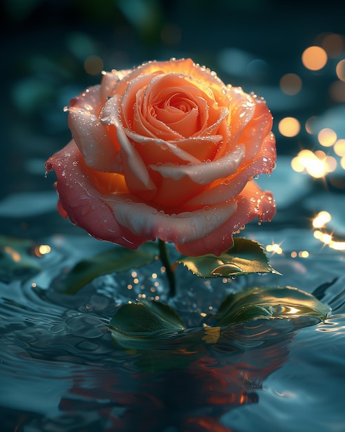 a rose that is in water with the light reflecting on it