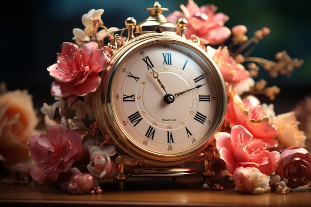 A rose vintage flower background complements the alarm clock beautifully