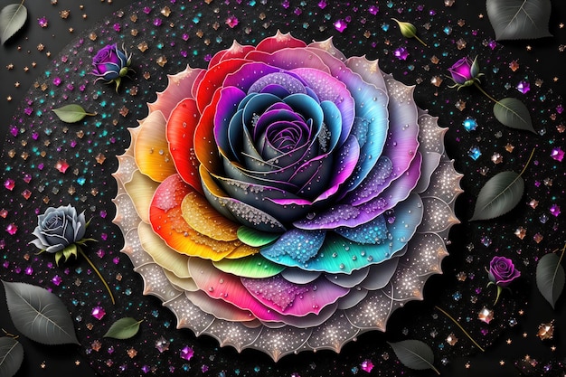 a rose with a rainbow colored diamonds black background