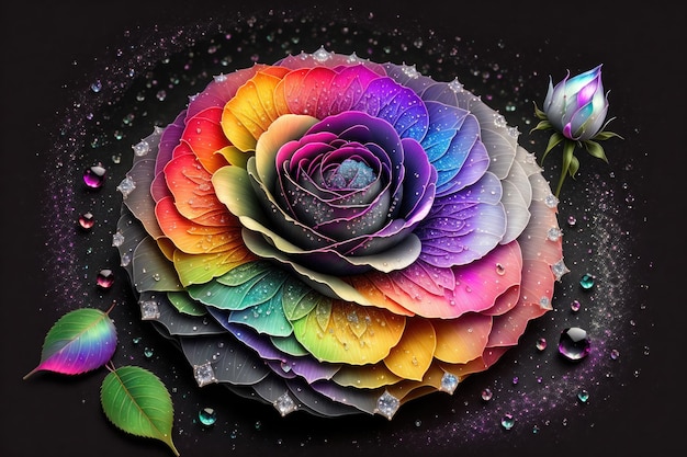 a rose with a rainbow colored diamonds black background