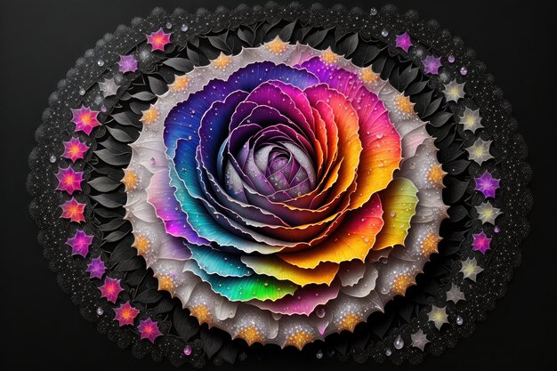 a rose with a rainbow colored diamonds black background