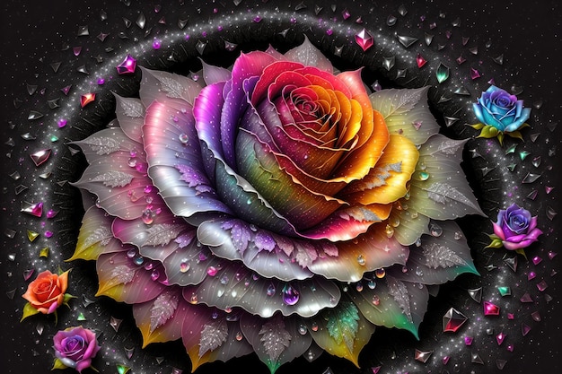 a rose with a rainbow colored diamonds black background