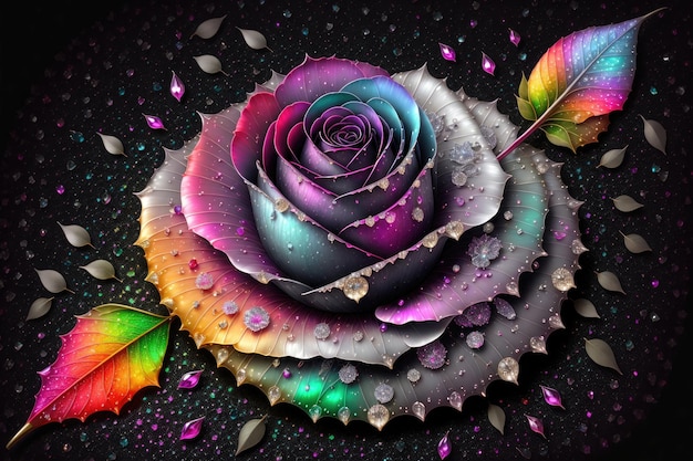 a rose with a rainbow colored diamonds black background