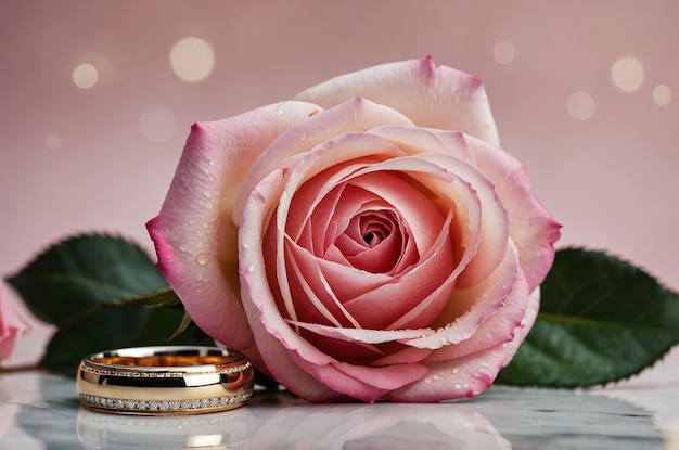 Photo a rose with a ring on it sits next to a ring of gold rings