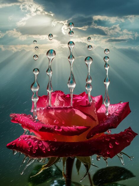 Photo a rose with water drops in the background and the sun shining through the clouds