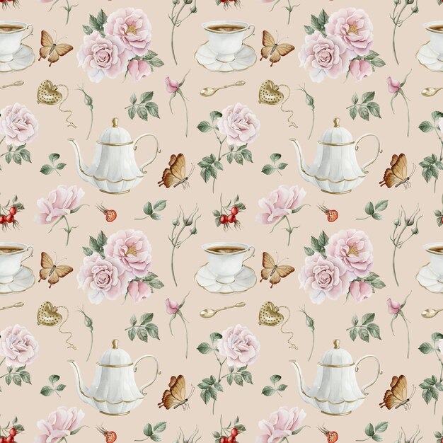 Rosehip pink flowers red berries white porcelain teaware and butterflies seamless pattern on beige