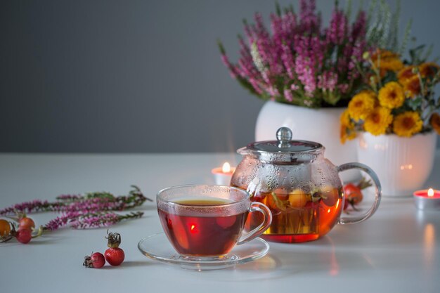 rosehip tea on white table in kitchen