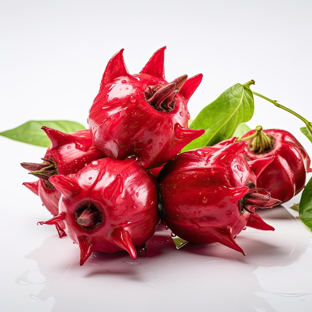 Roselle fruits with leaves isolated on white background