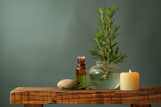 Rosemary Essential Oil and Candle on Rustic Wood Tabletop