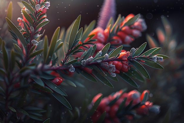 Rosemary Tree Branch with Crimson Glowing Flowers Blossom