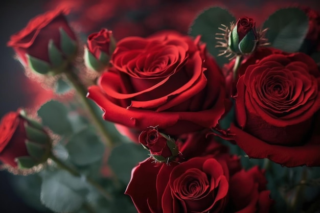 Roses in the background for Valentines Day the day of love a close up of red roses