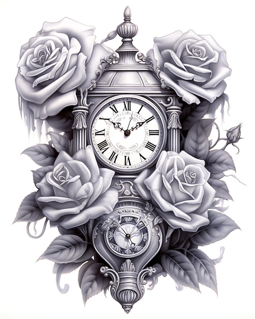 Roses and Clock in Heavy Style Art