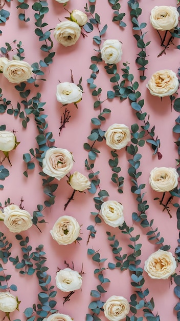 Roses and Eucalyptus on Pink