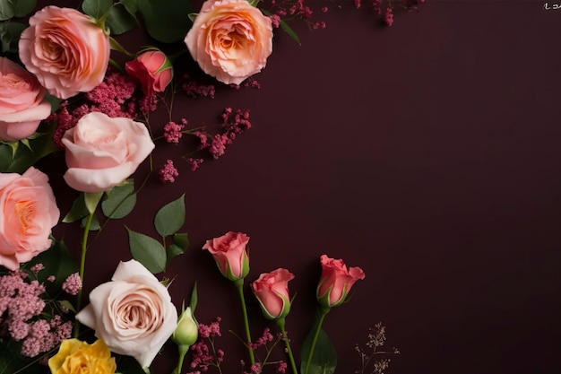 Roses Flower Arrangement Copy Space Flat Lay generate ai