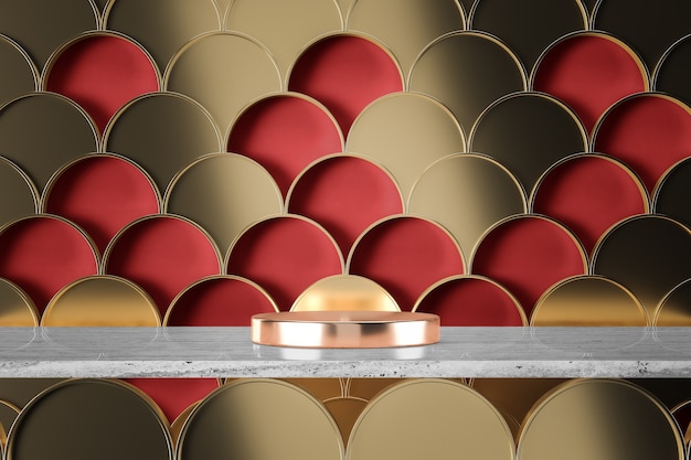 The roses gold metal base on white marble, Golden fish scales artwork on red background. 3d rendering