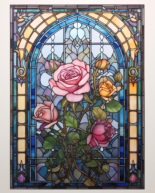 Roses on One Side of Stained Glass Window