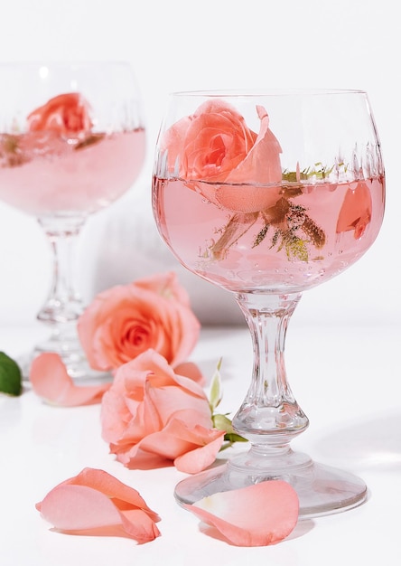 Roses in pink champagne glasses with champagne bottle