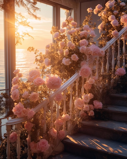 Roses on Staircase of Old House