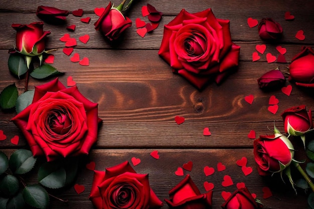 roses on a wooden background with hearts and hearts