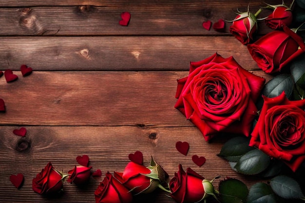 roses on a wooden background with hearts and a wooden background