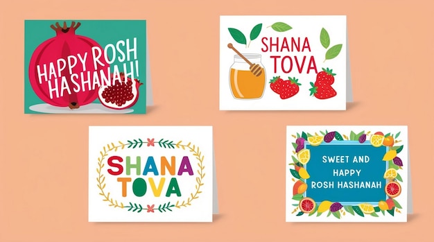 Photo rosh hashanah greeting card set colorful posters with pomegranate honey leaf branch design elements for postcards on jewish new year cartoon flat vector collection isolated on white background