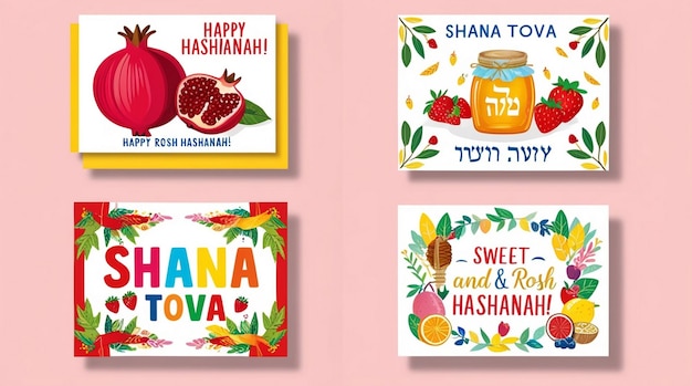 Photo rosh hashanah greeting card set colorful posters with pomegranate honey leaf branch design elements for postcards on jewish new year cartoon flat vector collection isolated on white background