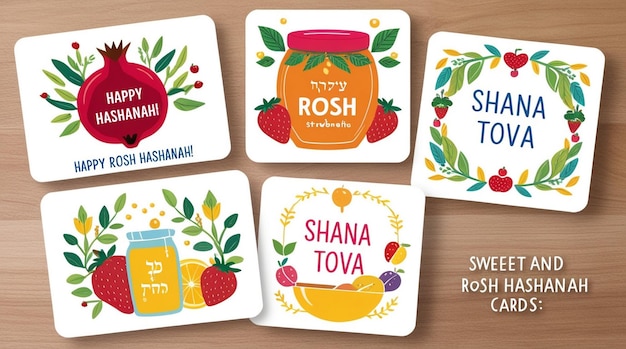 Photo rosh hashanah greeting card set colorful posters with pomegranate honey leaf branch design elements for postcards on jewish new year cartoon flat vector collection isolated on white background