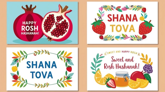 Photo rosh hashanah greeting card set colorful posters with pomegranate honey leaf branch design elements for postcards on jewish new year cartoon flat vector collection isolated on white background