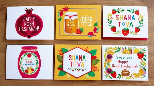 Photo rosh hashanah greeting card set colorful posters with pomegranate honey leaf branch design elements for postcards on jewish new year cartoon flat vector collection isolated on white background