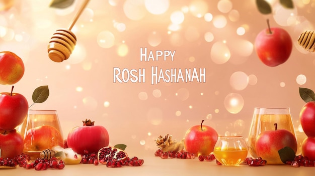 Photo rosh hashanah honey apple pomegranate on wooden table background