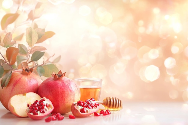 Photo rosh hashanah jewish holiday background with apples honey pomegranates and copy space