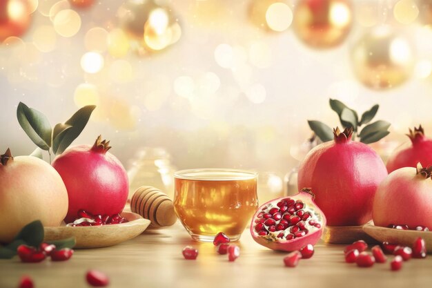 Photo rosh hashanah jewish holiday background with apples honey pomegranates and copy space