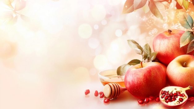 Photo rosh hashanah jewish holiday background with apples honey pomegranates and copy space