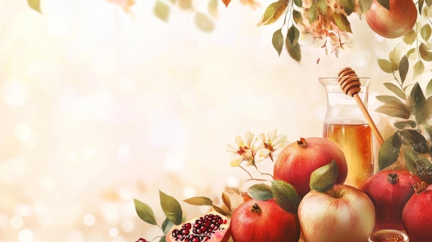 Photo rosh hashanah jewish holiday background with apples honey pomegranates and copy space