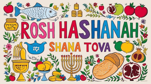 Rosh Hashanah Jewish New Year doodle set Hand drawn vector illustration isolated on white background Hebrew text translation Rosh Hashanah Shana Tova traditional holiday greeting