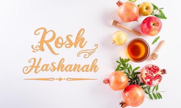 Rosh hashanah jewish New Year holiday Concept of traditional or religion symbols on white background