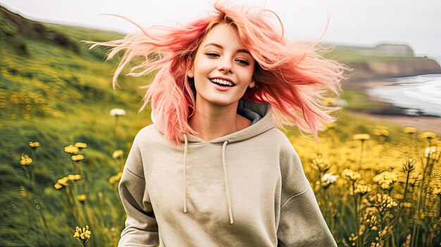 Photo rosyhaired teen exuding joy carefree strides seaside panorama tranquil summer reverie