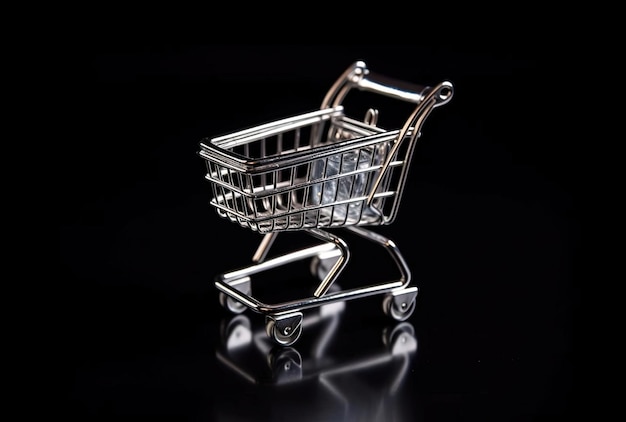 Rotating miniature metal empty shopping cart on black background