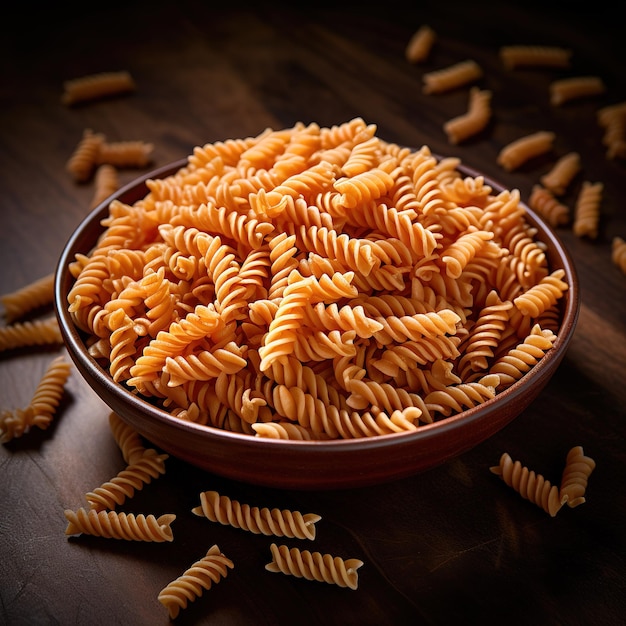 Rotini pasta in the wooden bowl