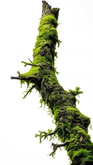 Rotten Wooden Branch Covered with Green Moss Isolated on White Background