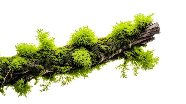 Rotten Wooden Branch Covered with Green Moss Isolated on White Background