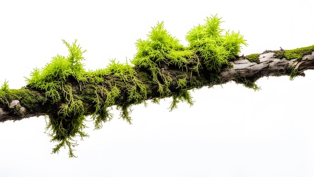 Rotten Wooden Branch Covered with Green Moss Isolated on White Background