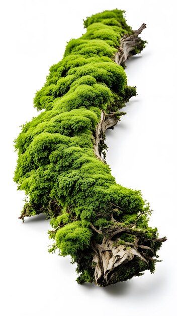 Rotten Wooden Branch Covered with Green Moss Isolated on White Background