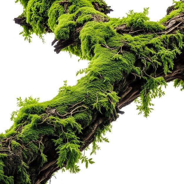 Rotten Wooden Branch Covered with Green Moss Isolated on White Background