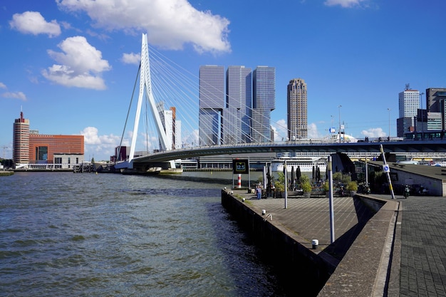 ROTTERDAM NETHERLANDS JUNE 9 2022 Rotterdam skyline with Erasmusbrug bridge and skyscrapers Netherlands